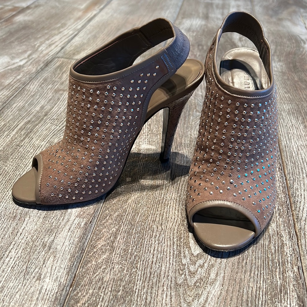 Jenni Kayne Open Toe Studded Slingback High Heel Bootie.